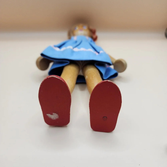 Vintage 50's Polish Wooden Peg Doll Blonde Hair Blue Eyes Moveable Arms - Picture 5 of 7